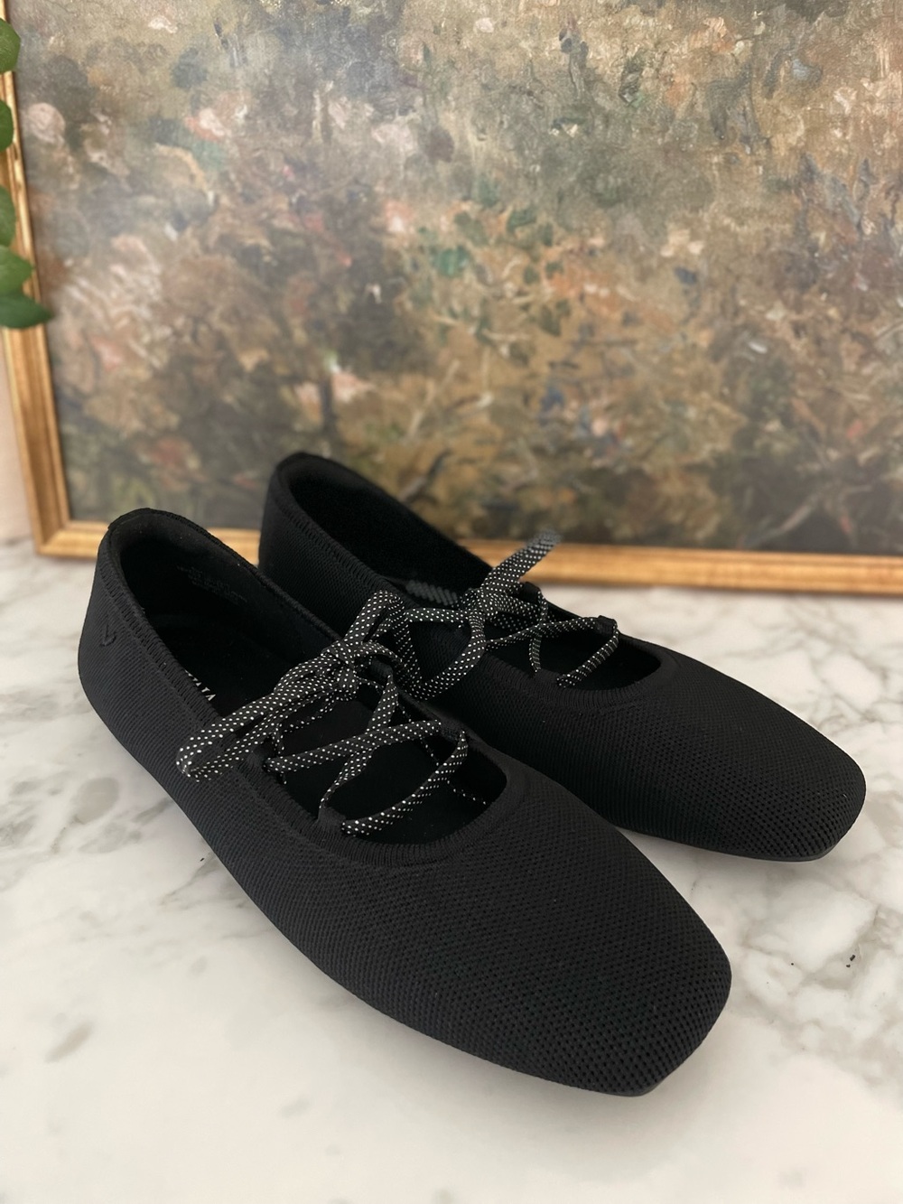 Vivaia Miley Lace Up Mary Jane Baller Flats Black Knit Size 10 Ribbon Laces